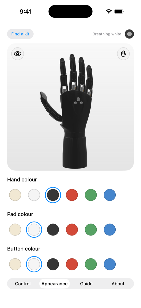 The same app on the Appearance face: a black hand, white pads and white buttons, and a row of six colours for each.