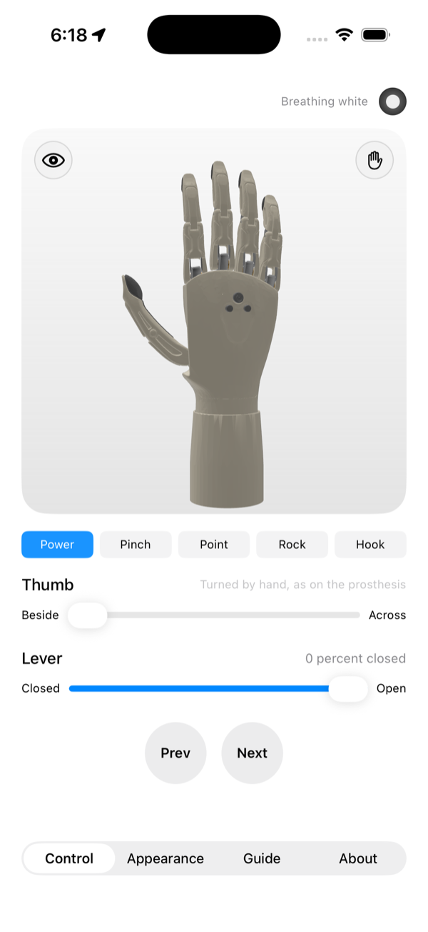 The Deterica Kit app running on an iPhone: the hand, the row of five grips, a thumb slider, and the lever.